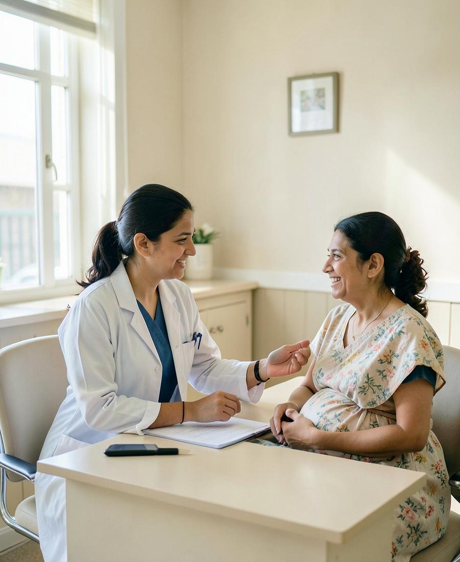 Gynaecologist in consultation with an expectant mother